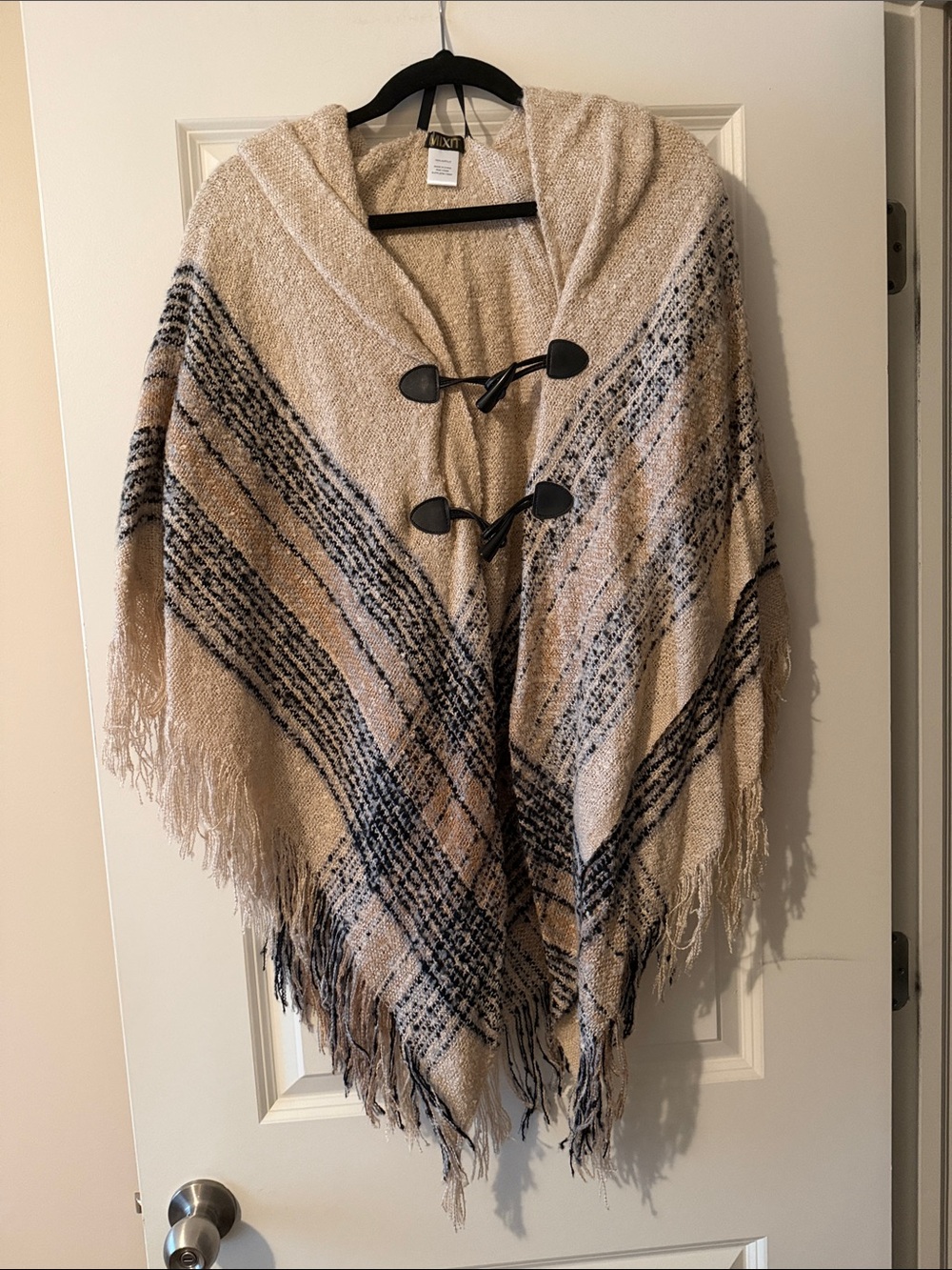 Mixit Beige Plaid Hooded Fringe Poncho